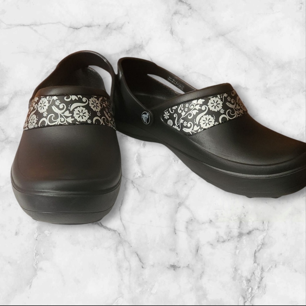Crocs Mercy Clogs In Black Silver Floral Design- Women's Size 9